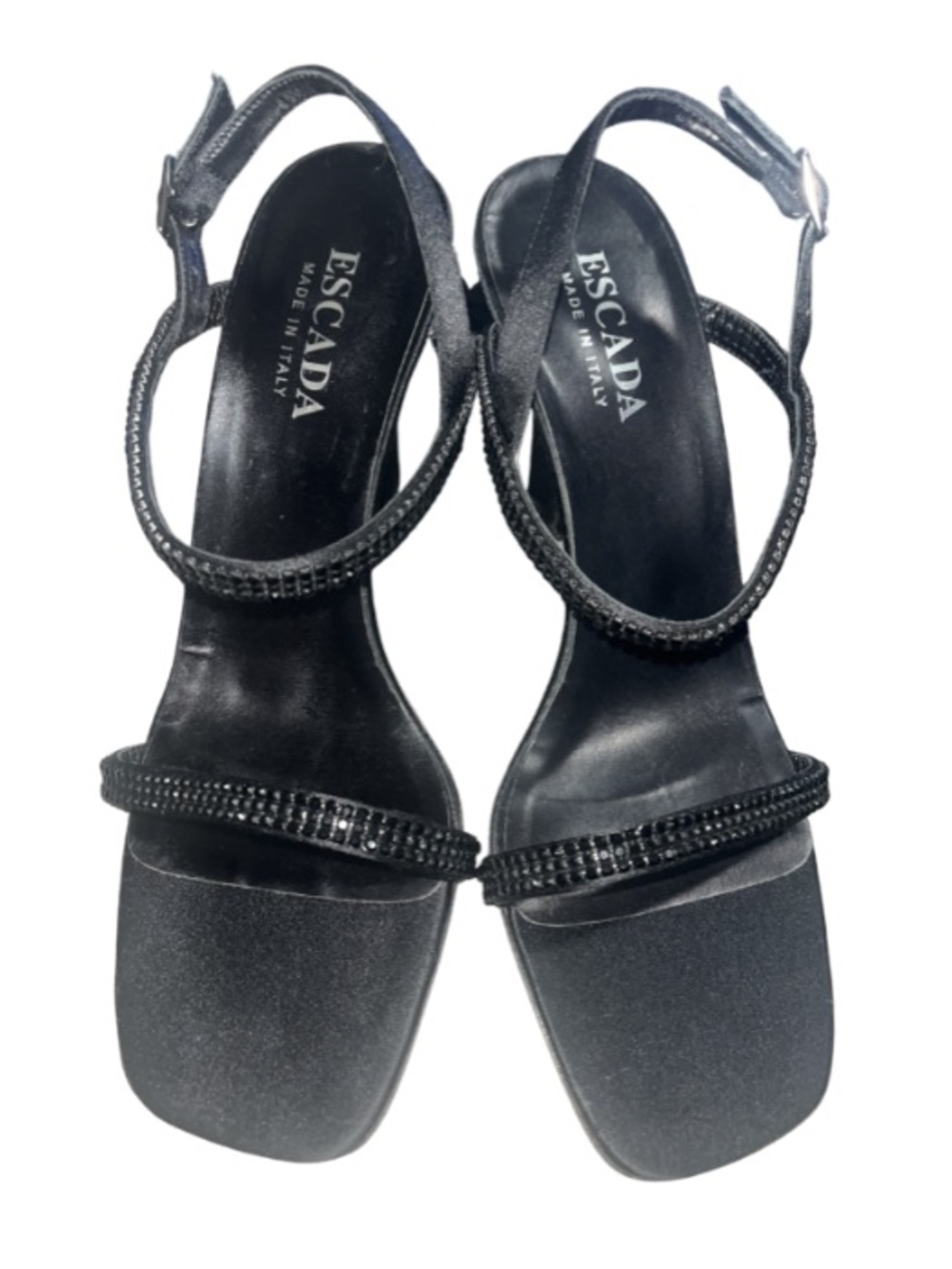 Vintage ESCADA COUTURE Black
Satin Rhinestone Strappy
Sandals - 38C